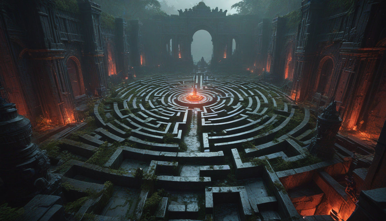 Dark Eerie Labyrinth in a Stormy Black Landscape