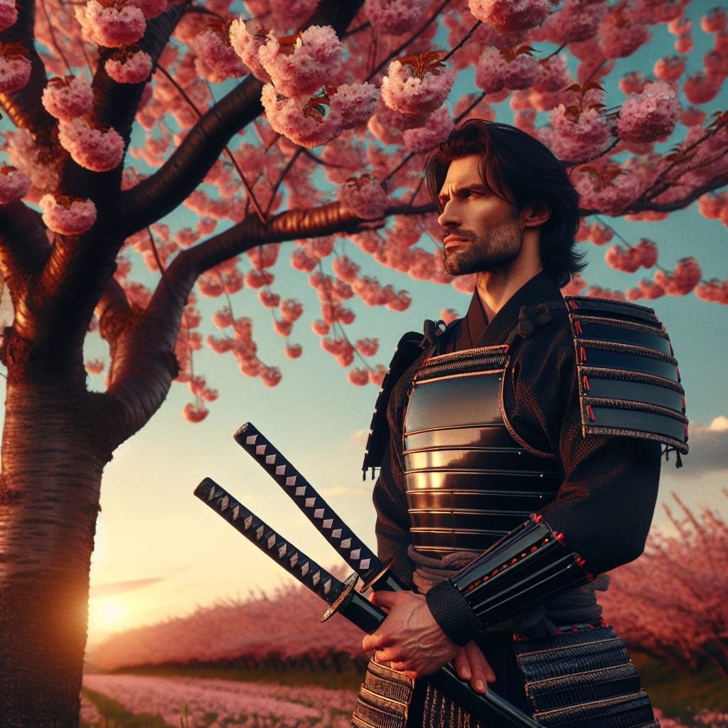 Samurai Under Cherry Blossoms at Sunset