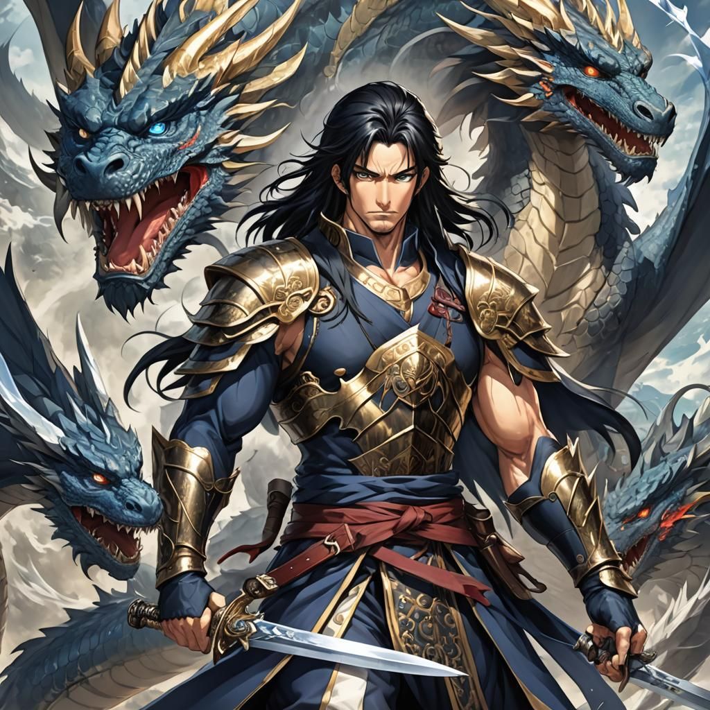 Japanese Dragon God King Swordsman in Anime Style