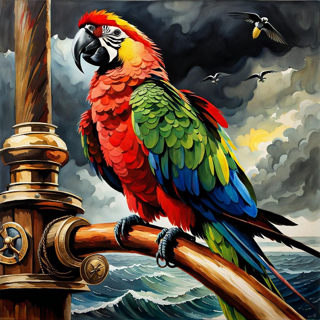Pirate Parrot's Harsh Life: Watercolor and Oil Painting