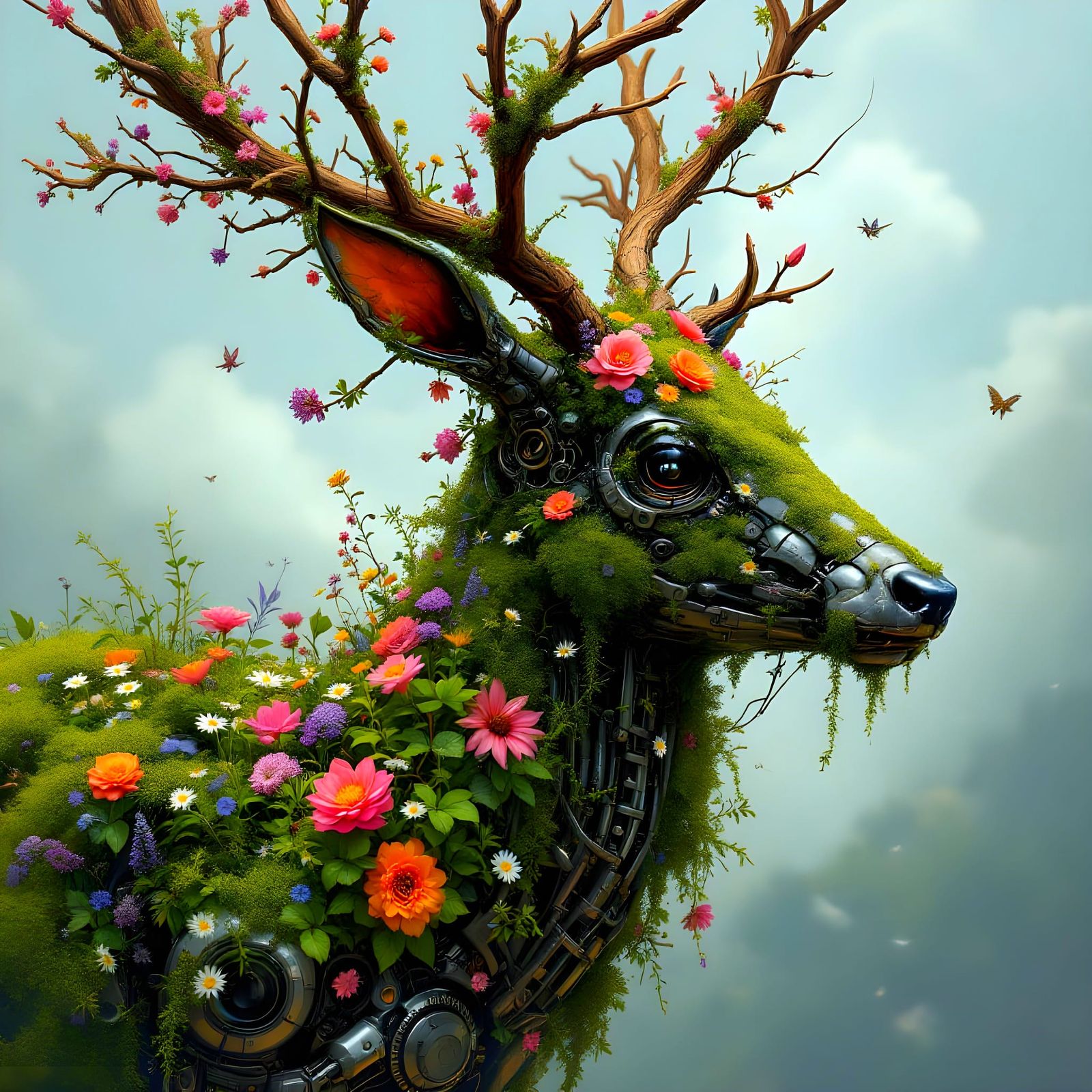 Ethereal Biomechanical Deer in Whimsical Bloom