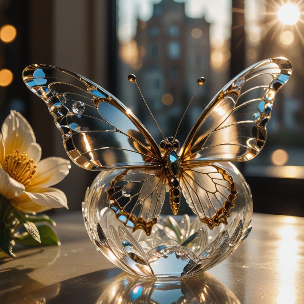 Crystal Butterfly on Glass Flower in Golden Hour