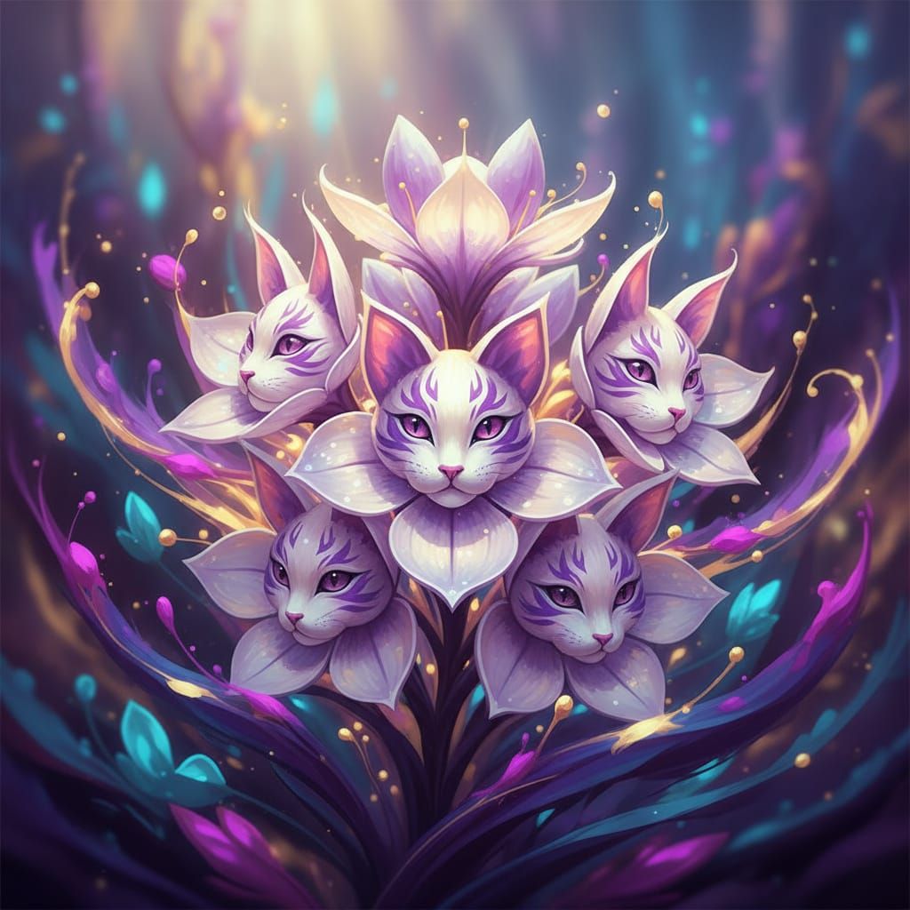 Cat Face Flowers Macro View in Fantasy Concept Art Style