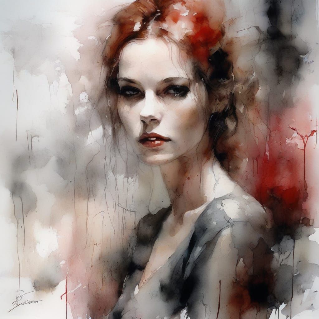 Surreal Vampire Portrait in Dark Alley, in Watercolour Style