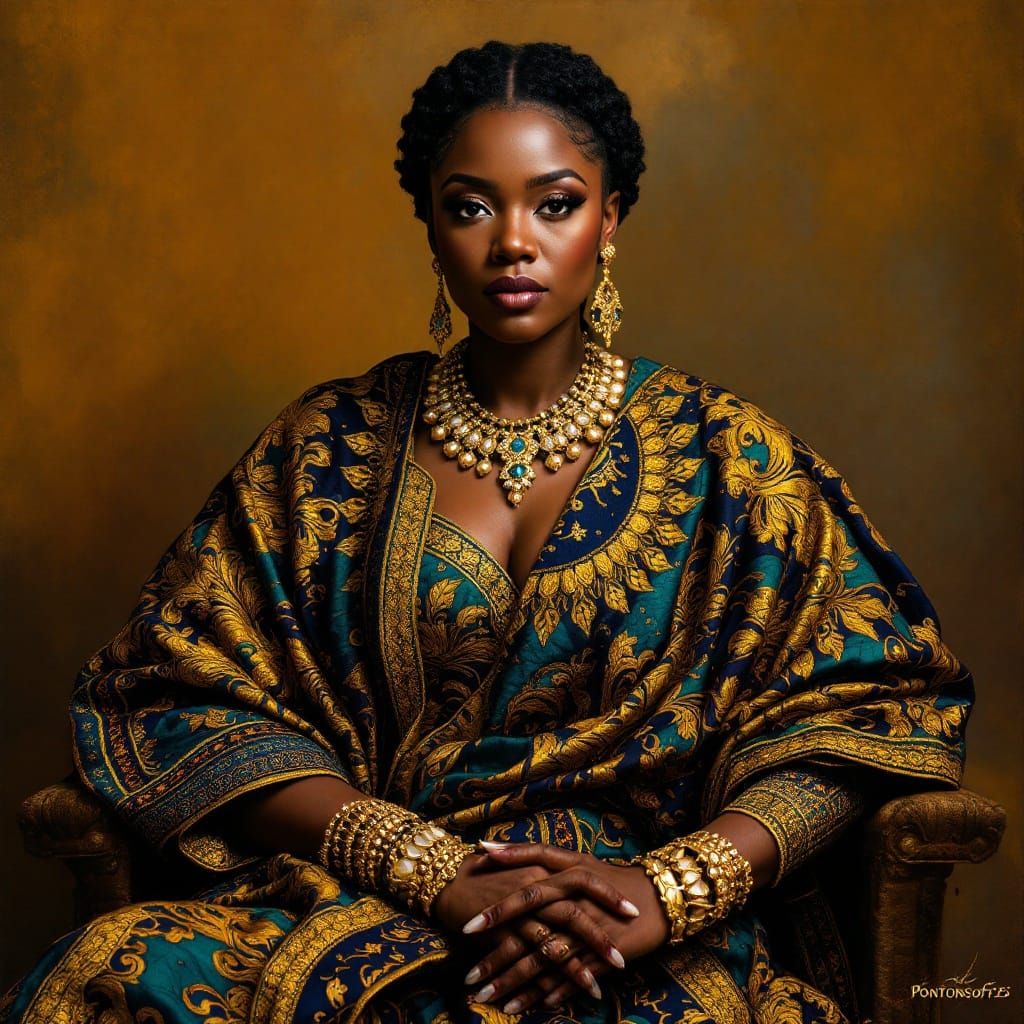 Regal Afrocentric Monarch in Kente Cloth Robes with Golden A...