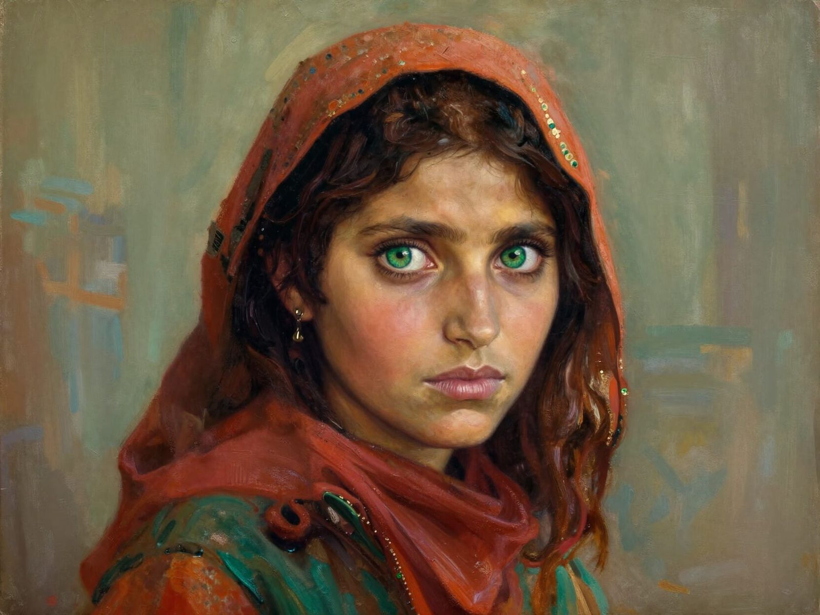 Afghan Girl Portrait in Oil Painting Style