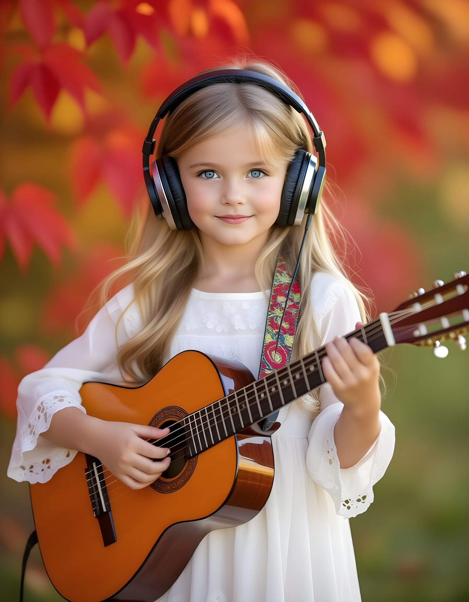 Girl Playing Guitar Amidst Red Leaves