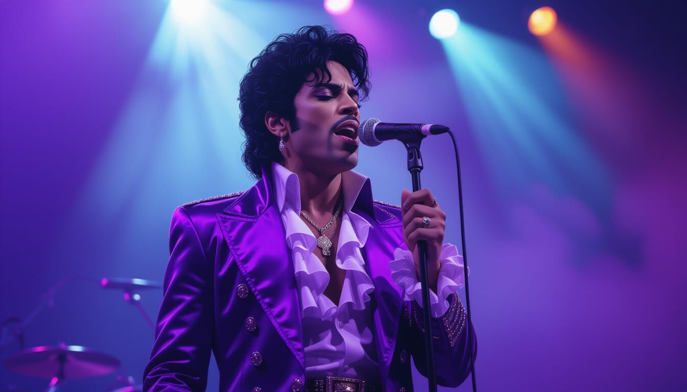 Prince Singing Purple Rain: Futuristic Neon Stage