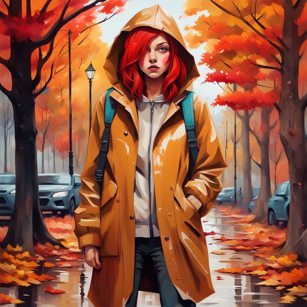 Autumn Park Scene with Girl in Graffiti Art