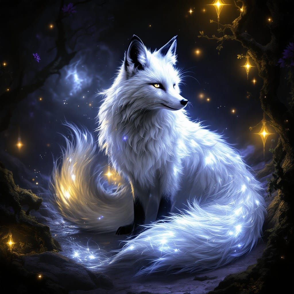 Ethereal White Fox with Two Tails in Dark Fantasy Setting