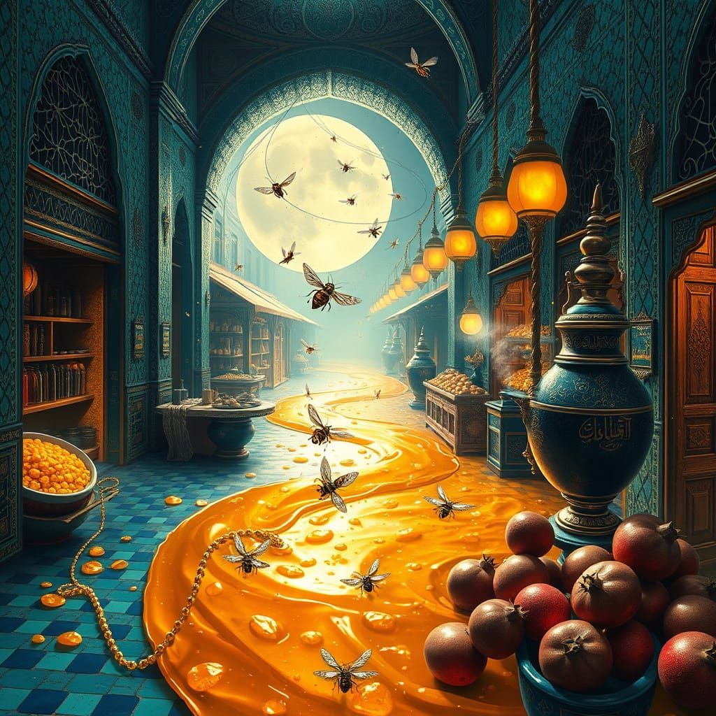 Moonlit Persian Bazaar Folds into Escher Dreamscape