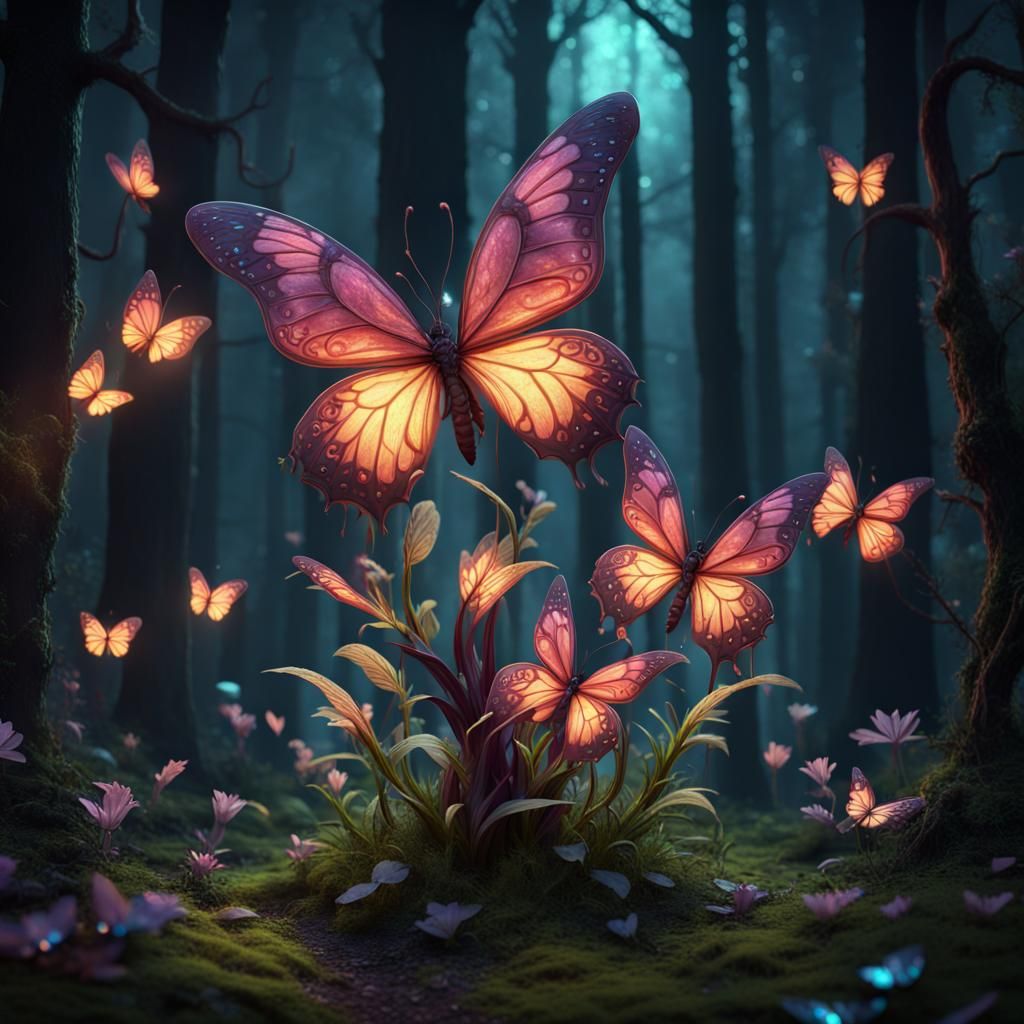 Glowing Butterfly Plant in Dark Fantasy Forest