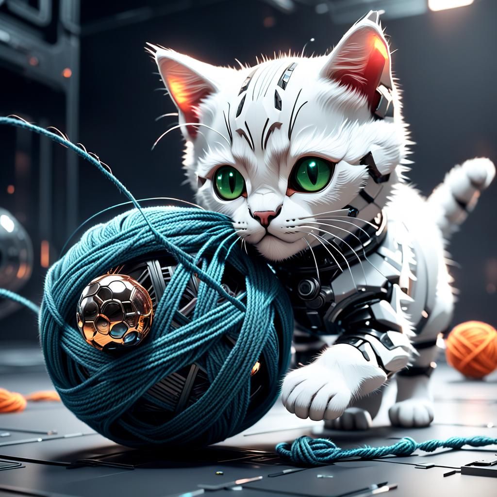 Cyborg Kitten Plays With Yarn: Sci-Fi 8K Render