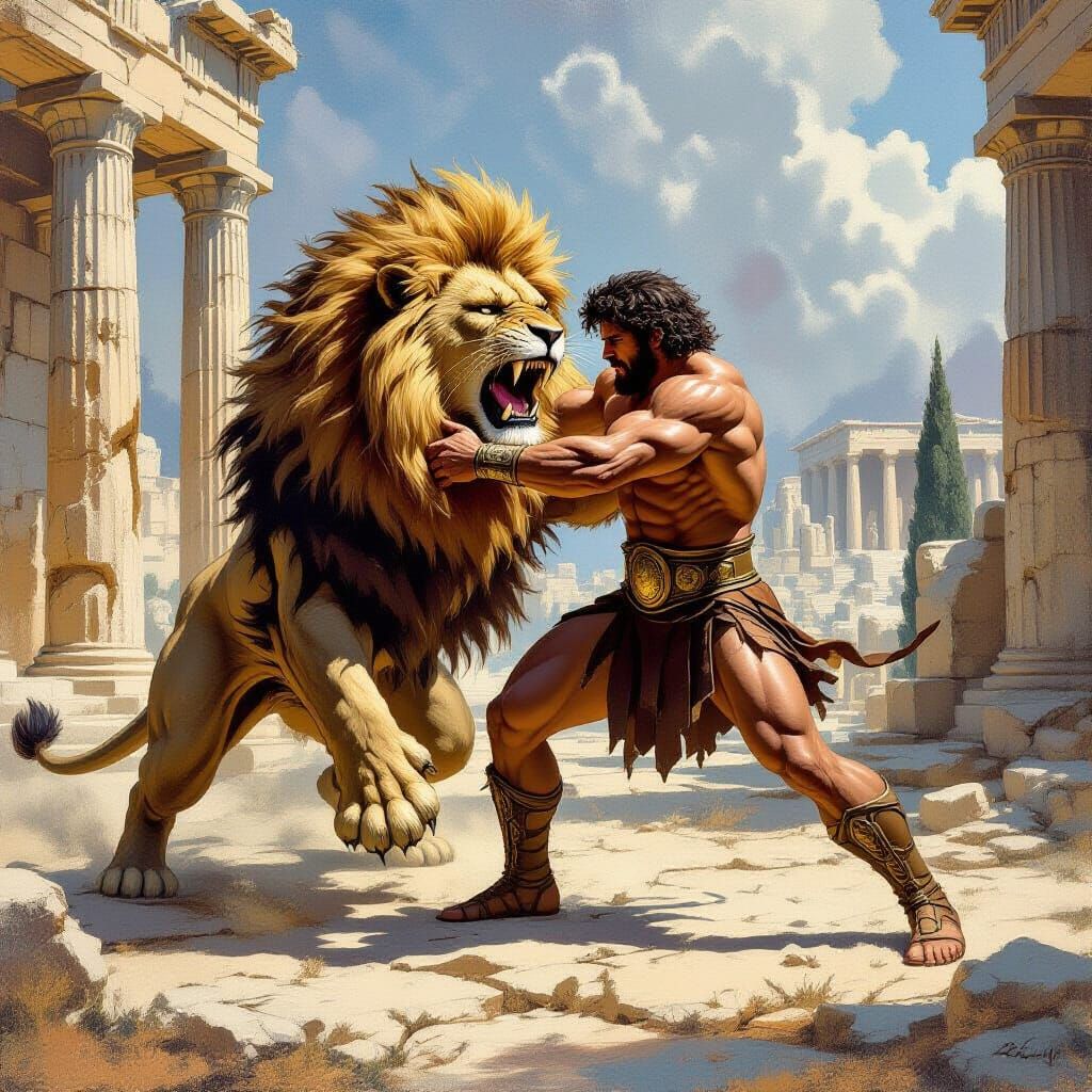 Heracles Wrestles Nemean Lion in Gritty Realism