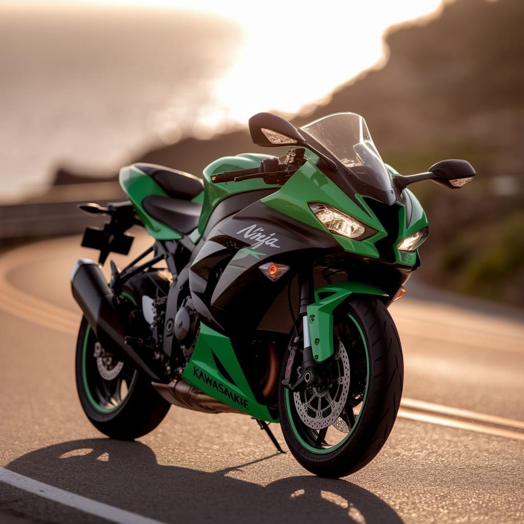 Green & Black Kawasaki Ninja H2R Motorcycle in Sunlight