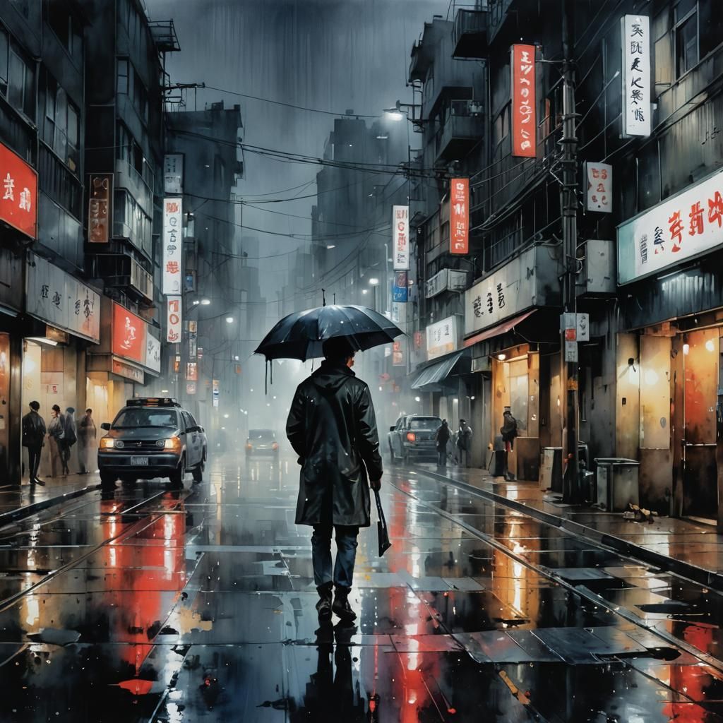 Lonely Figure in Post-Apocalyptic Tokyo: Watercolor Art
