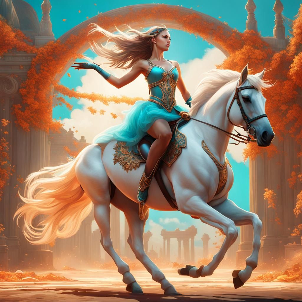Ballerina on Stallion Rides Battlefield, Digital Art