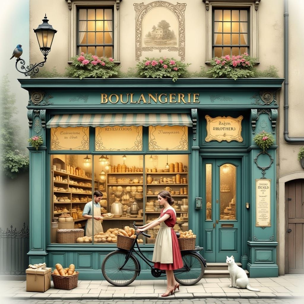 French Vintage Bakery Scene in Whimsical Illustration