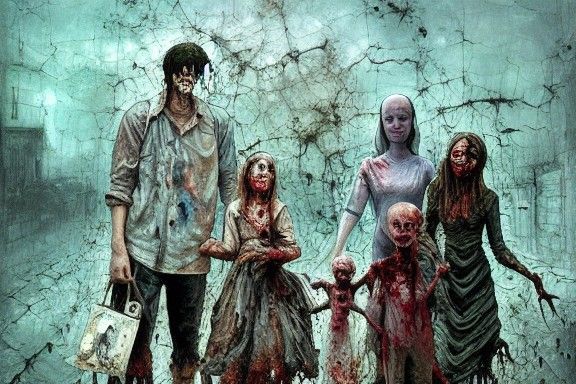 Intricate Zombie Family Portrait in Mixed Media Style