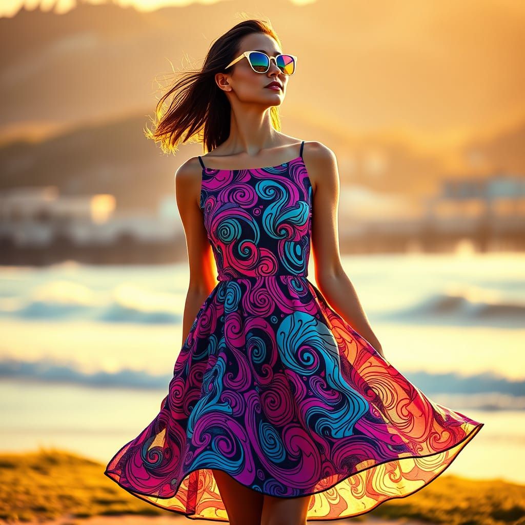 Woman in Vibrant Park Landscape with Futuristic Flair