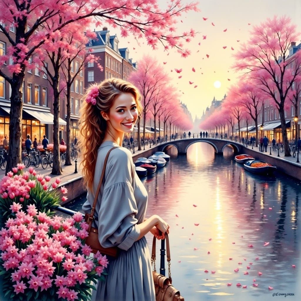 Watercolor Painting of Woman at Canal Flower Market