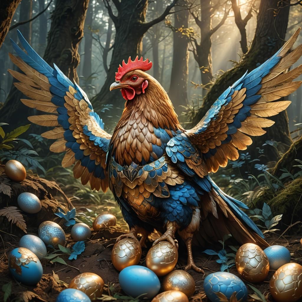 Armored Mother Hen Protecting Eggs in Mystical Forest
