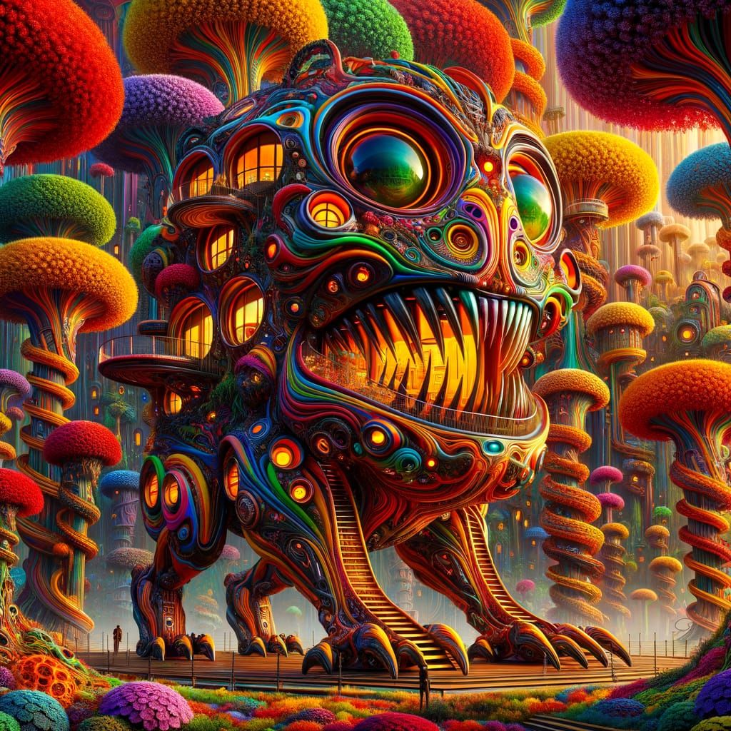 Walking Futuristic House with Hybrid Creatures in Otherworld...