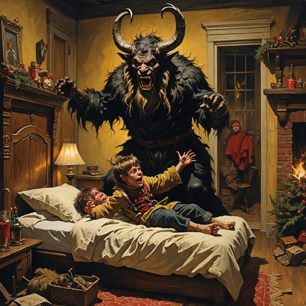 Krampus's Christmas Abduction: An Impasto Oil Painting