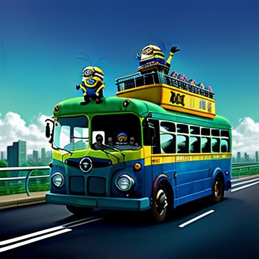 Minion Rides Bus in Surreal Aetherpunk Scene