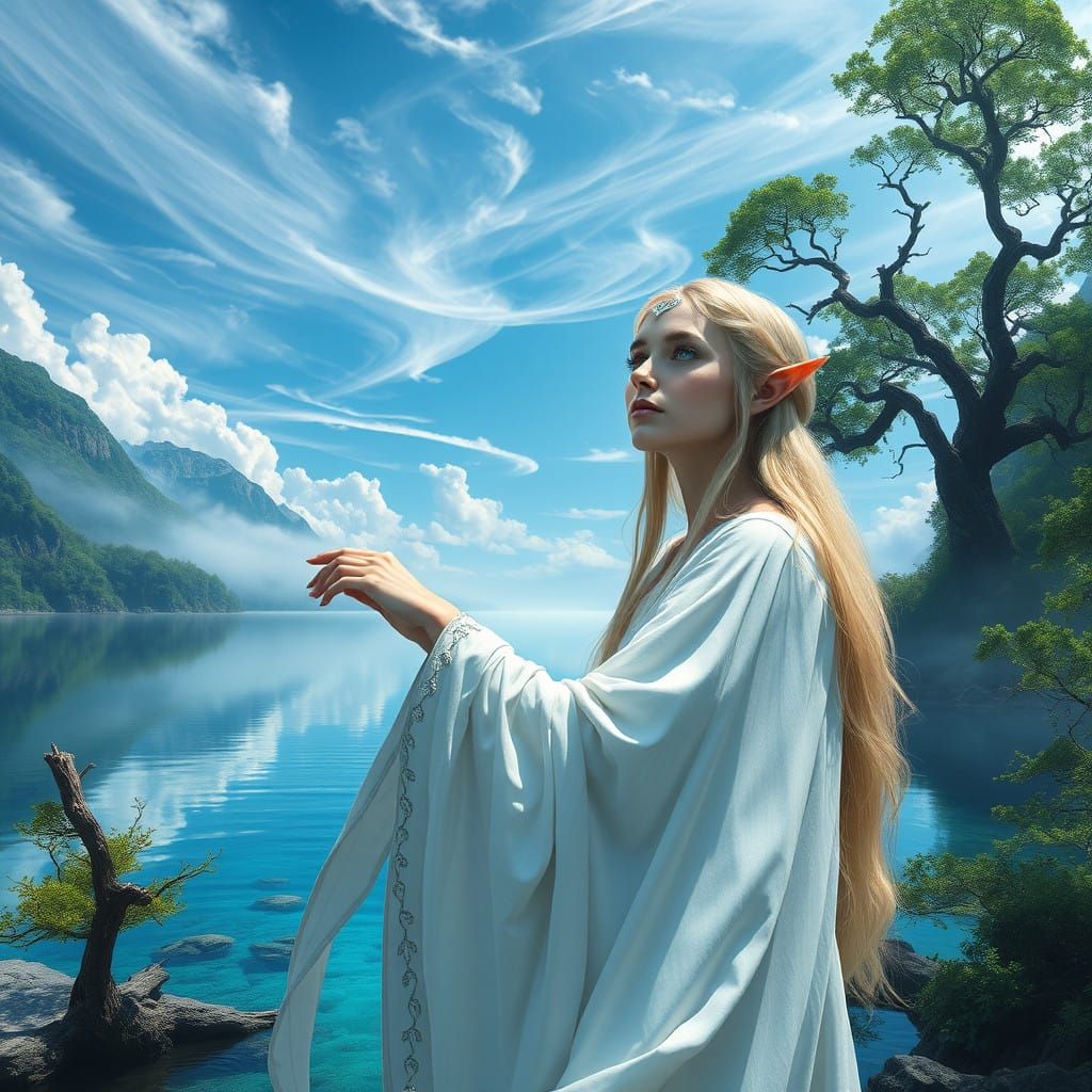 Mystical Elf Maiden Basks in Serene Lake Landscape