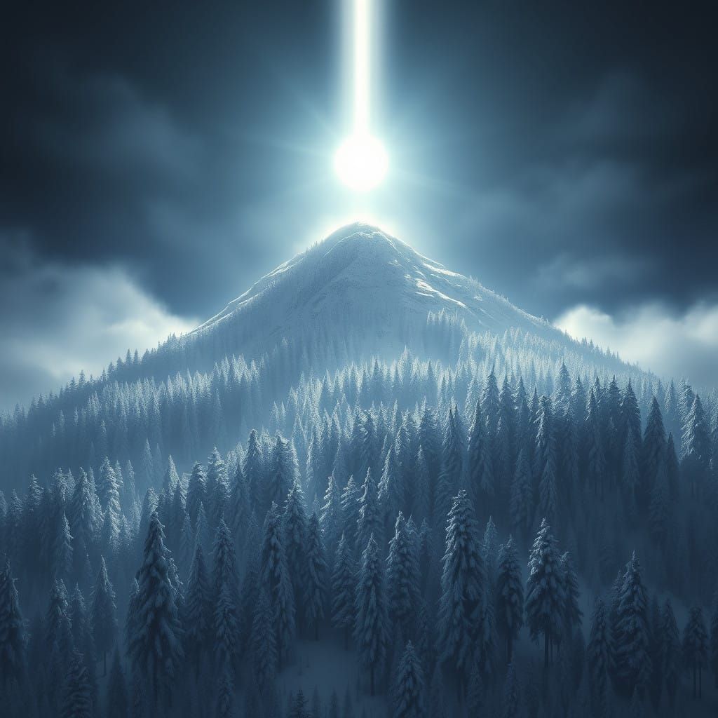 Radiant Beam Illuminates Winter Landscape in Cyberpunk Aesth...