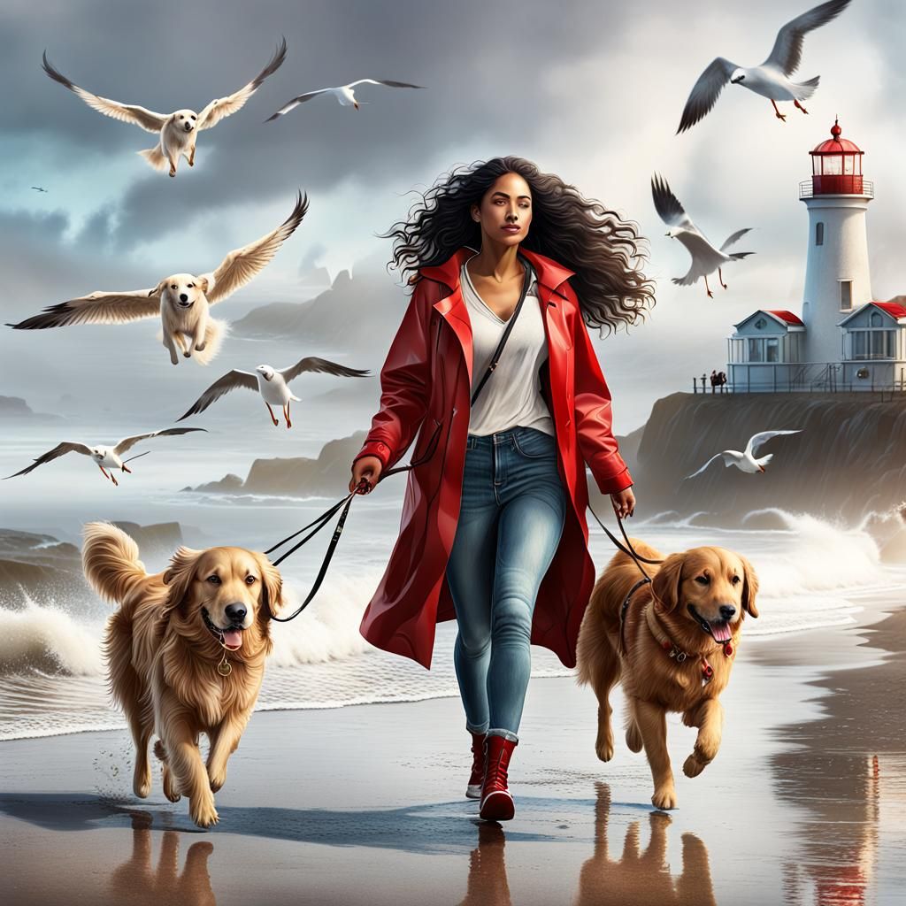 A young woman walking her fluffy golden retriever...