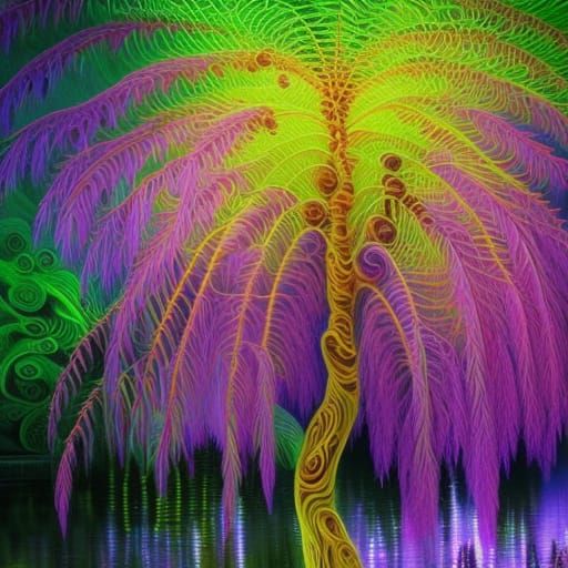 Hyperdetailed Purple Willow Tree with Neon Lighting