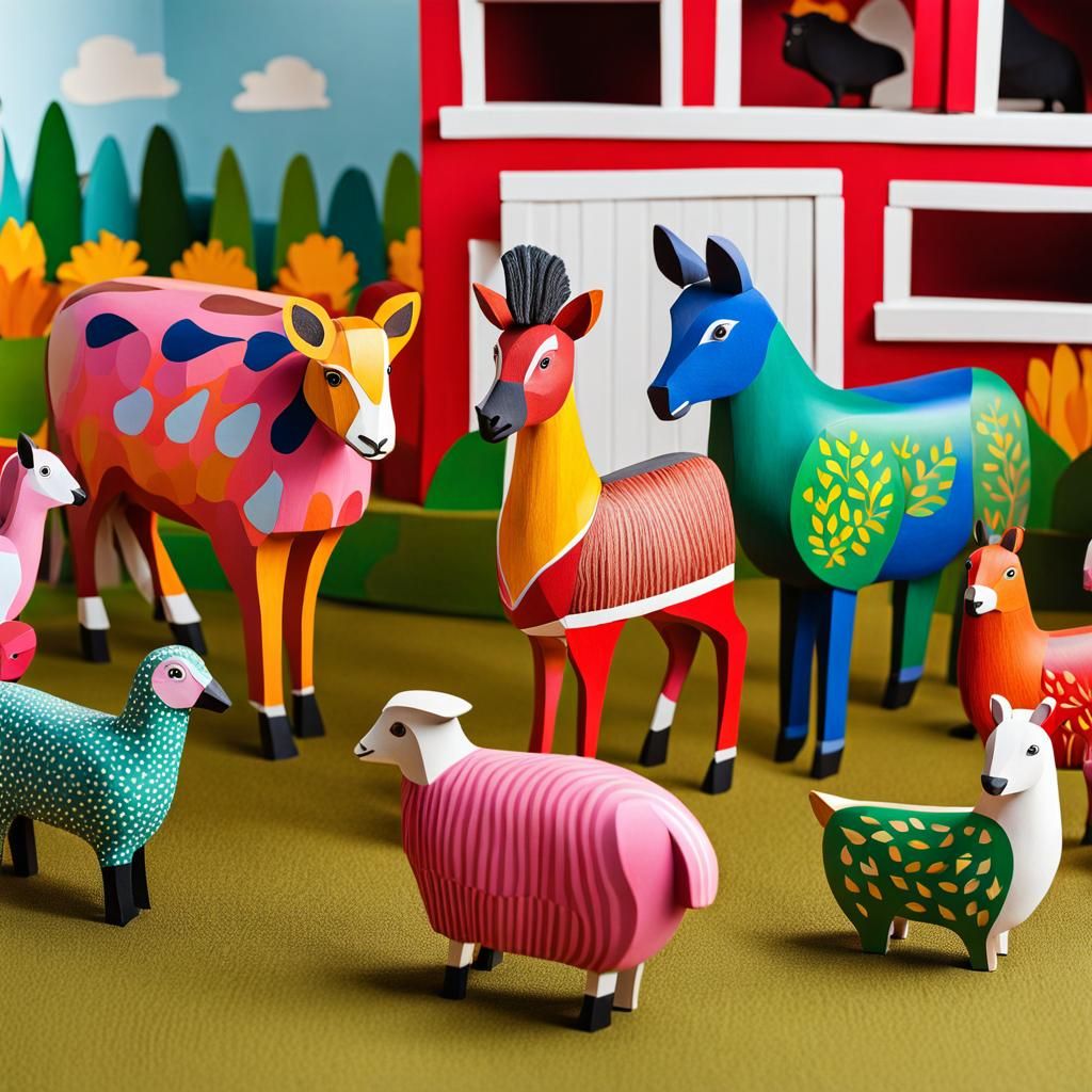 Colorful Wooden Farm Animal Set in Escobar Style