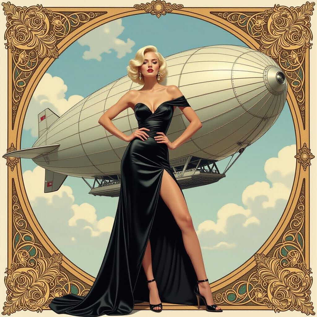 Elegant Model with Zeppelin in Art Nouveau Style