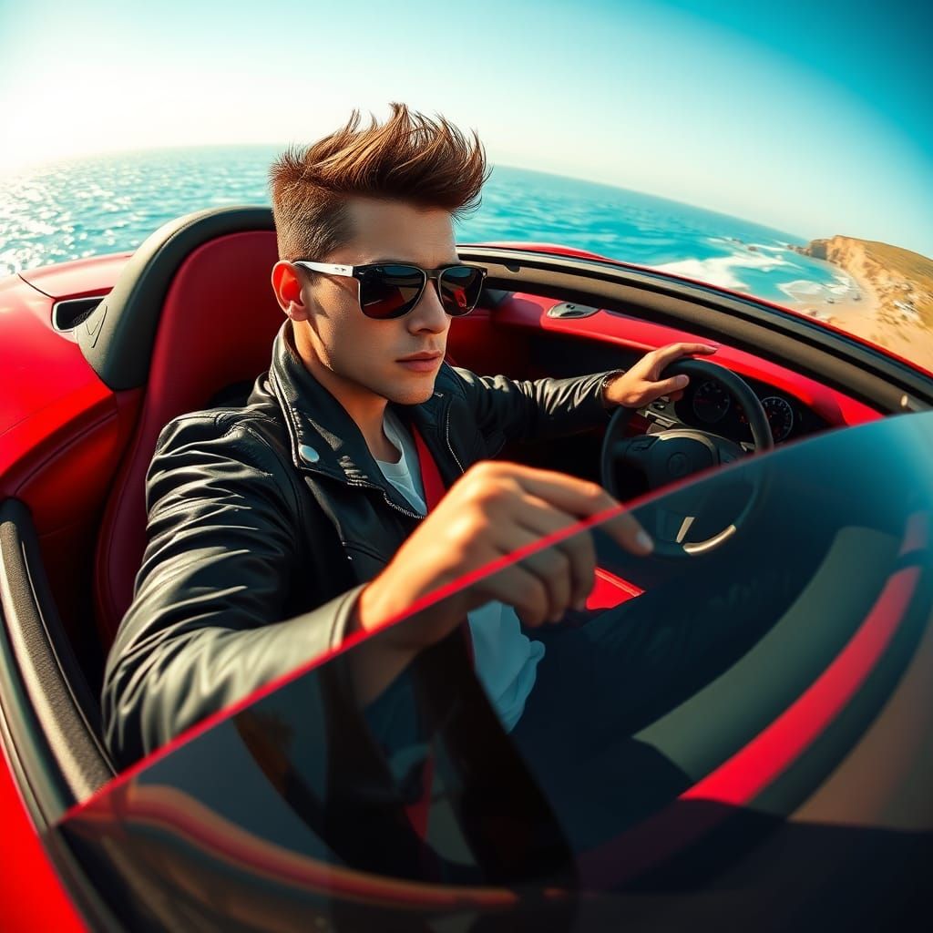 Red Sports Car Flies Over Mediterranean Sea