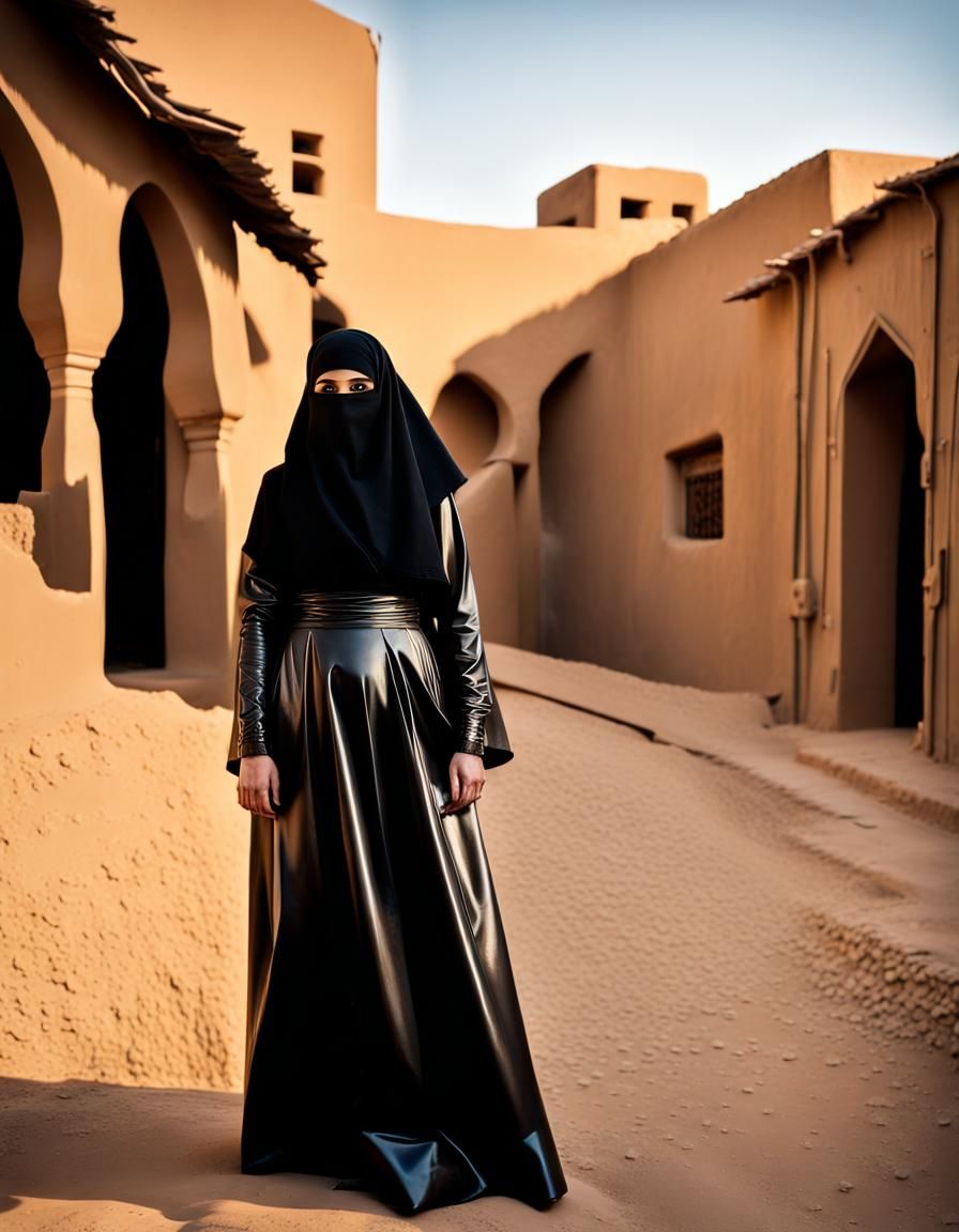 Woman in Latex Burqa on Arabian Street