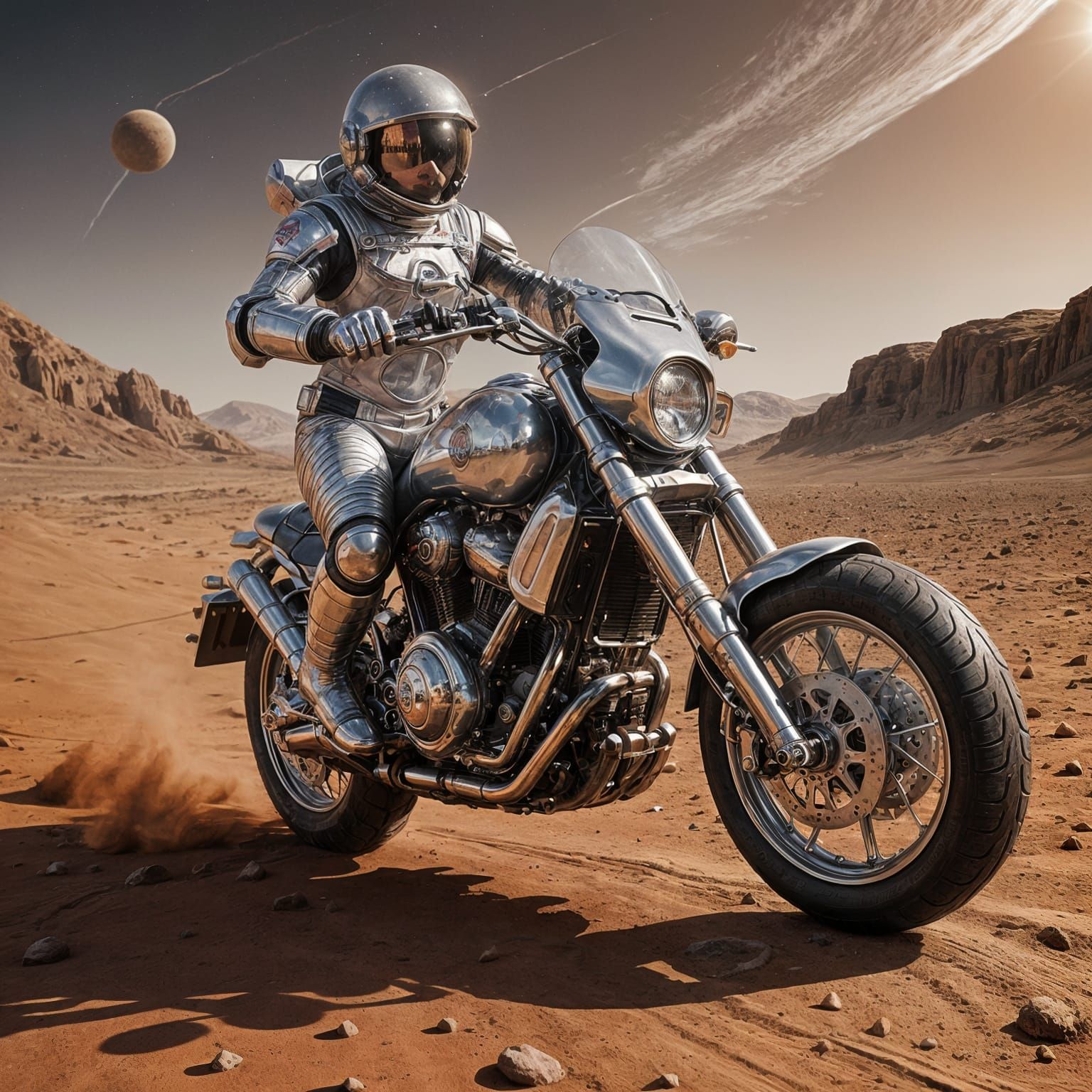 Astronaut on Metallic Silver Harley Davidson Rides Across Ma...