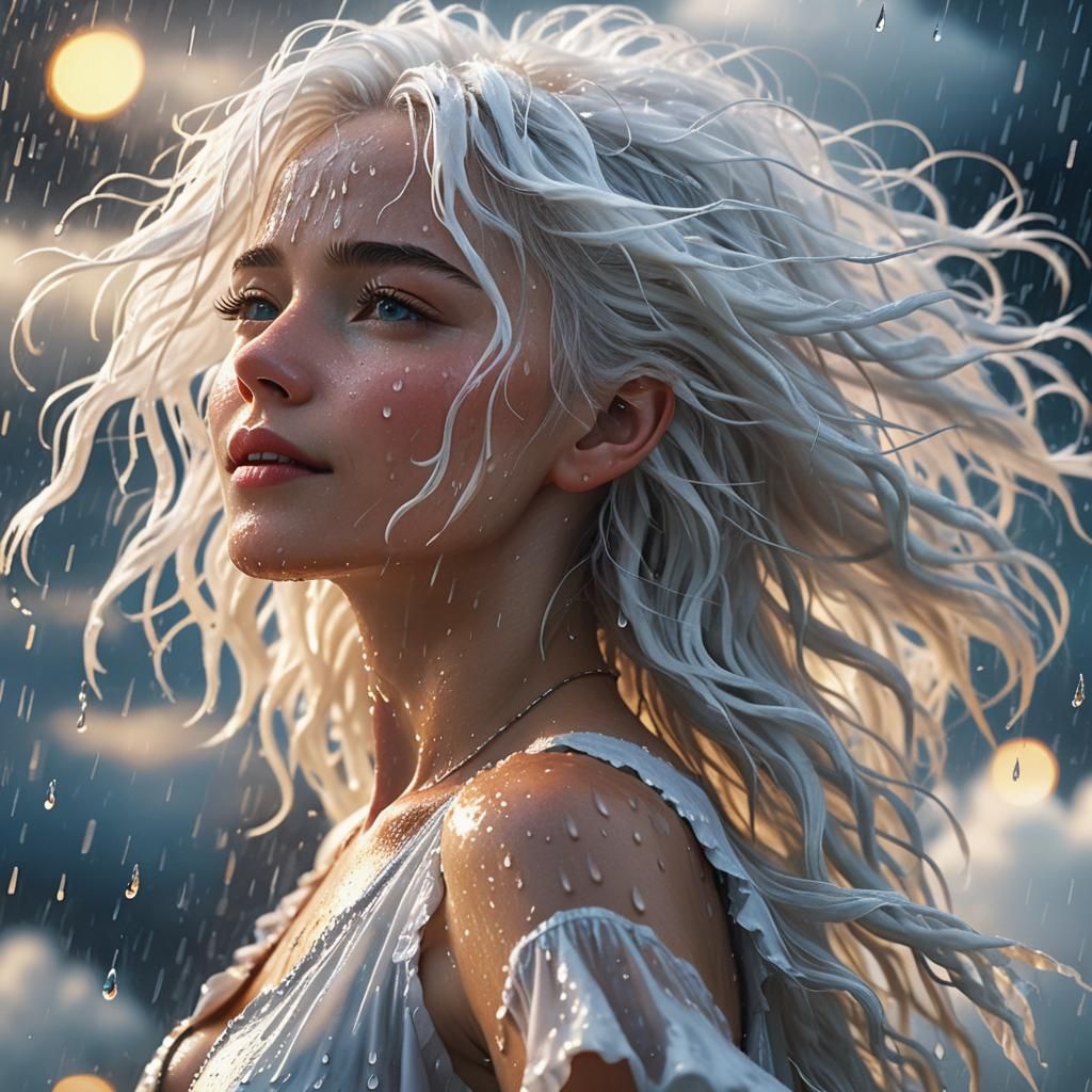 Beautiful Woman Dancing in the Rain on Cloud