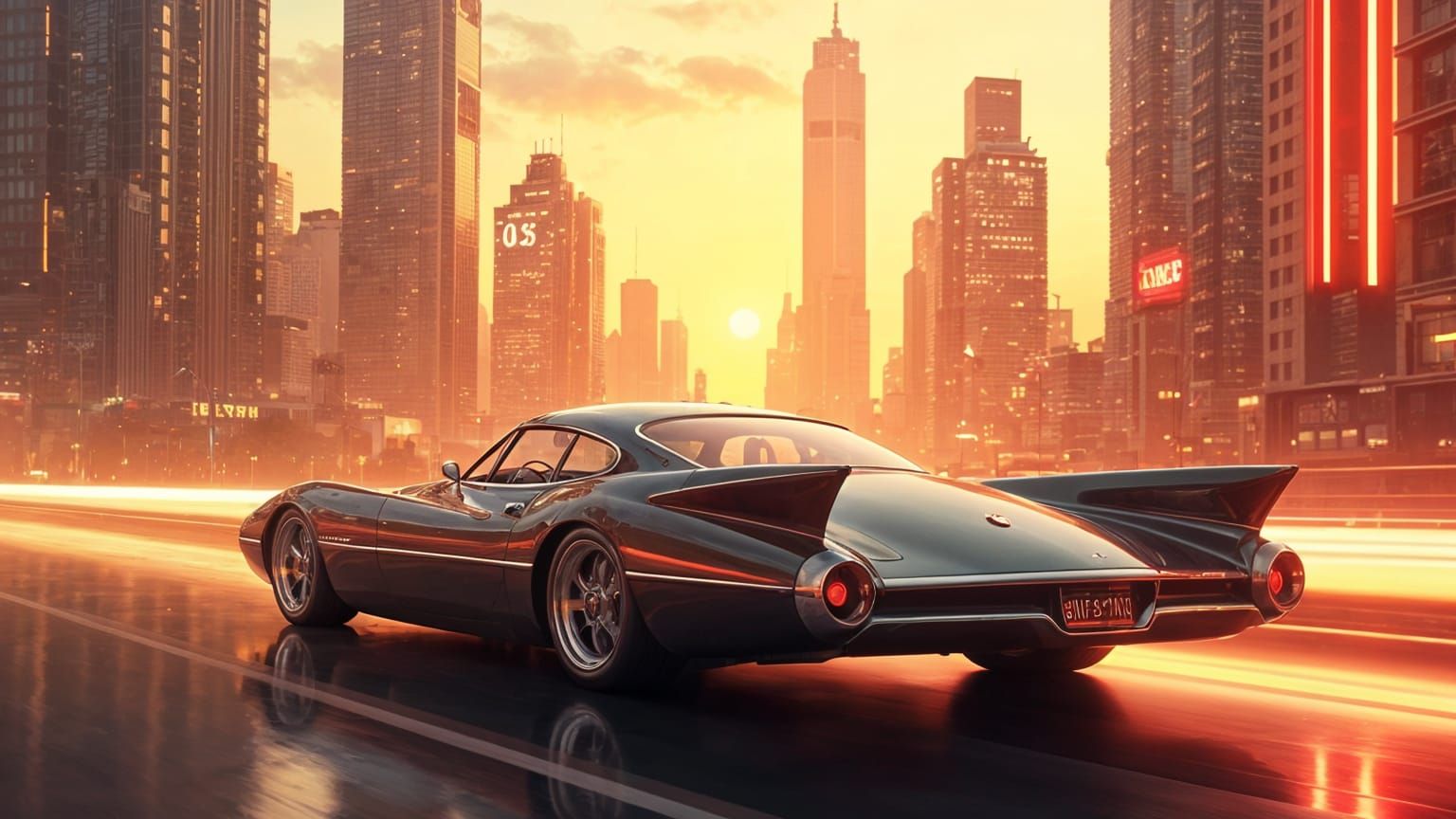 A sleek, 1950s concept car, branded "MOJAVE", cruises through a futuristic cityscape with towering skyscrapers and neon ...