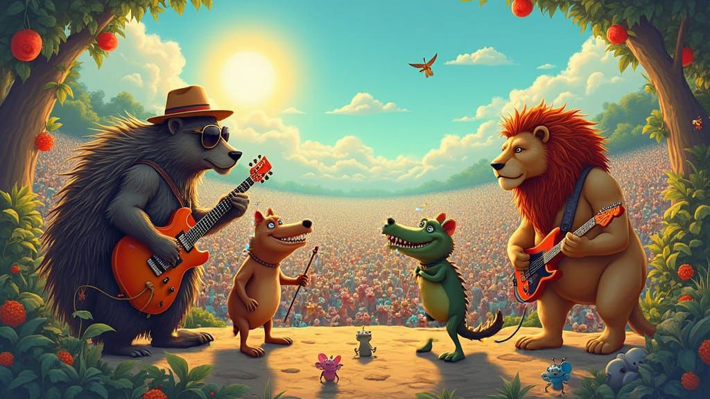 Animated Animal Rock Band Performing for Fans
