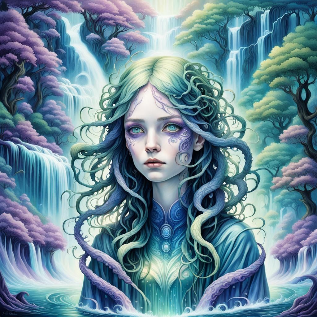 Mystified Woman Before Dreamlike Waterfall, in Surreal Style