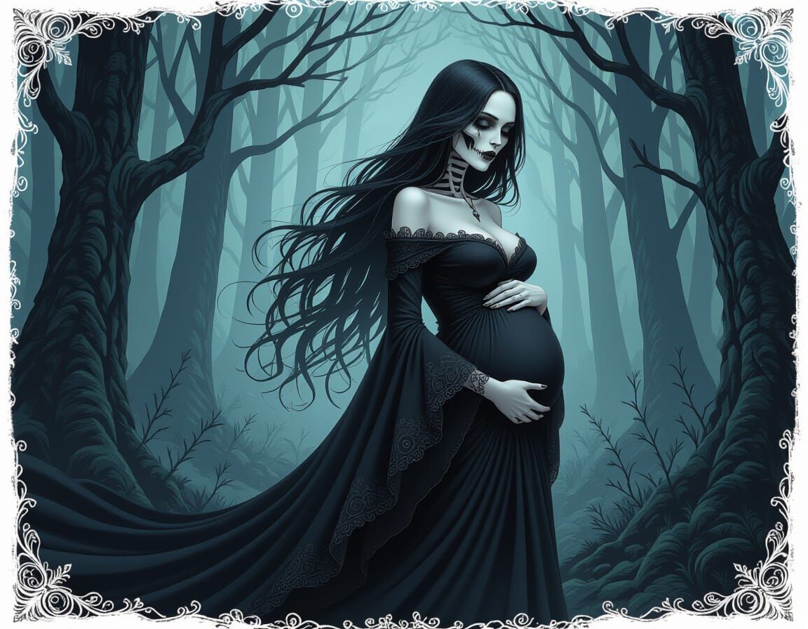 Skeletal Pregnant Woman in Gothic Forest
