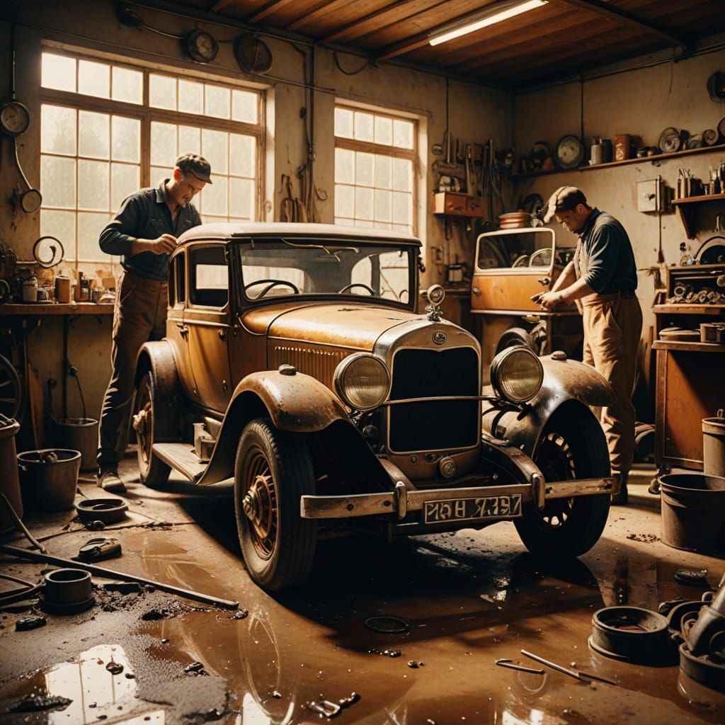 Repairman Restores 1925 Car in Vintage Oil Painting Style