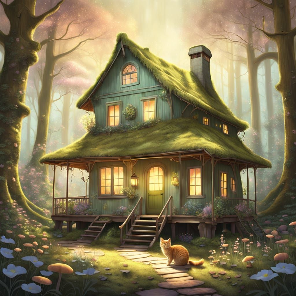 Charming Forest Cottage with Cat in Soft Pastels
