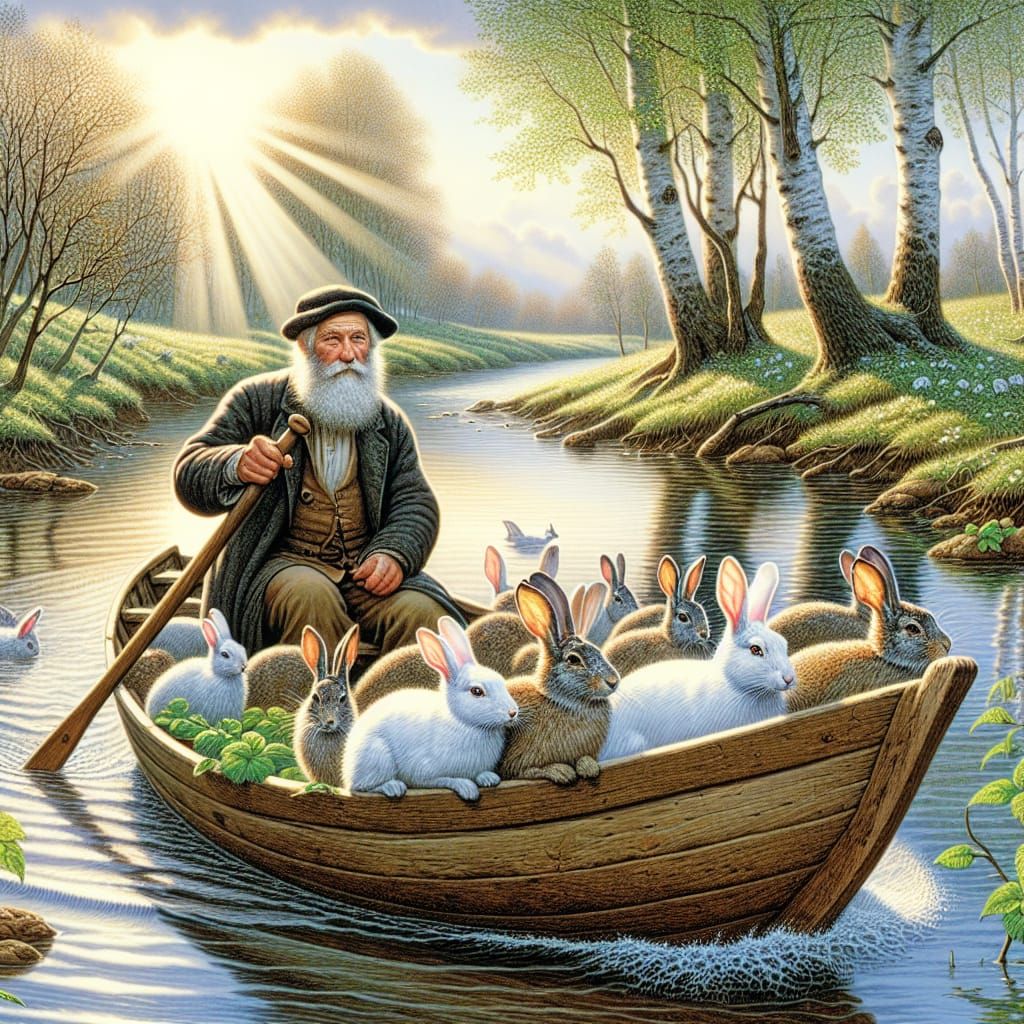 Realist Illustration: Man and Hares on River