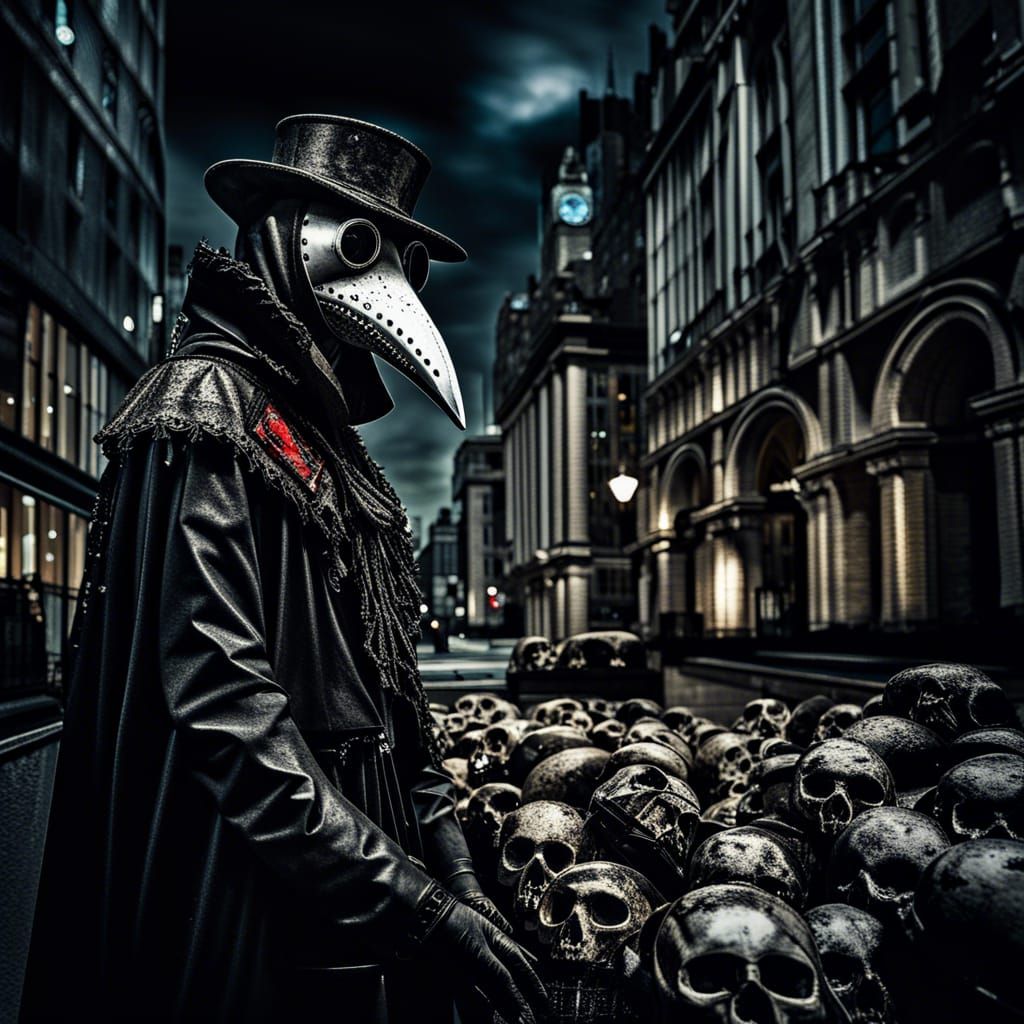 trash polka style art, of a plague doctor, in the dark city of London, with skulls in the streets intricate details, HDR...