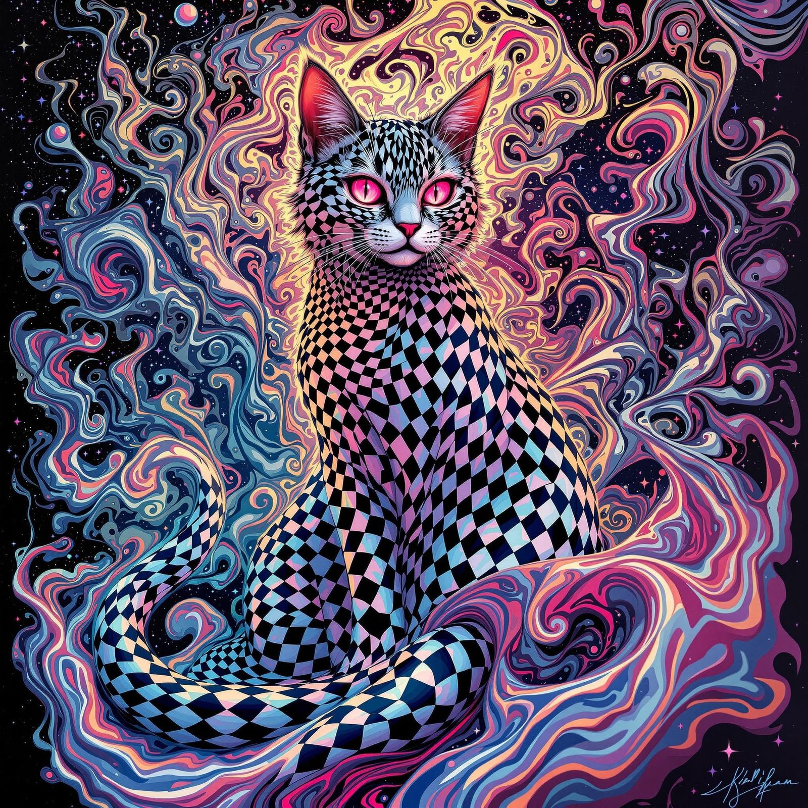 Checkered Feline Emerges from Iridescent Substance in Cyberp...