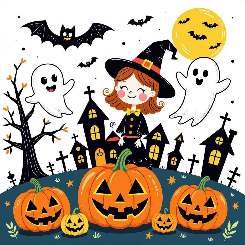 Halloween Coloring Scene for Kids Black and White