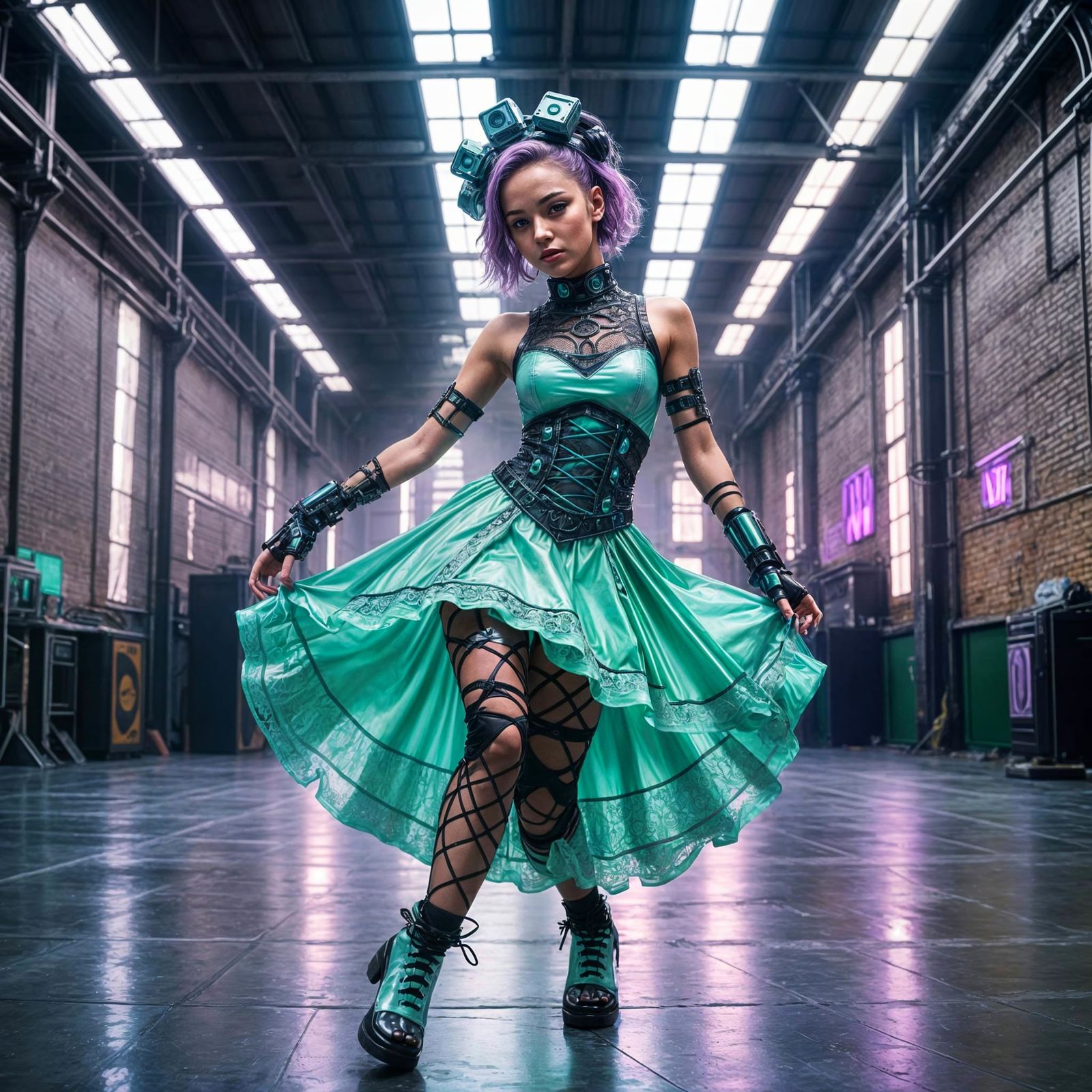Glamorous Cyberpunk Breakdancer in Neon Lit Warehouse